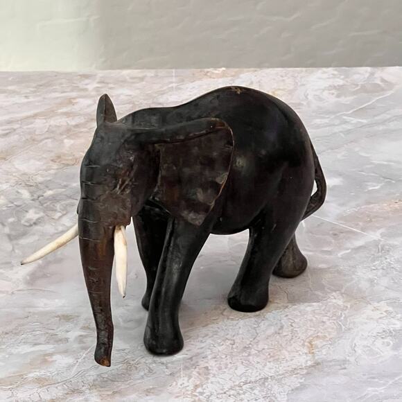 Vintage Hand Carved Elephant With Tusks Trunk Down Dark Wood Sculpture 5" Tall - Picture 2 of 15